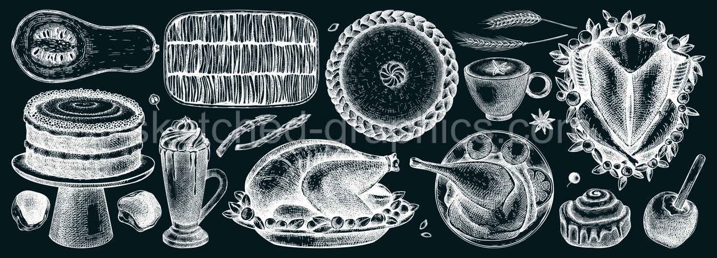 Thanksgiving dinner illustrations. Traditional fall festival food - roasted turkey, cooked vegetables, desserts, cakes, drinks sketches. Sketched autumn food set. Thanksgiving table on ckalkboard Illustration